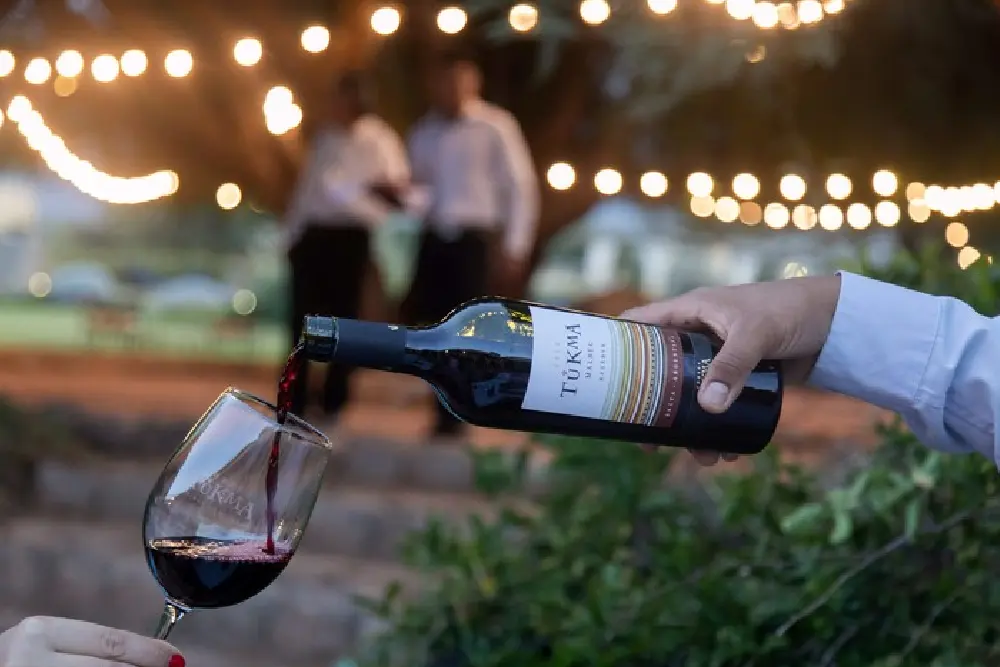 Una mano sirve vino tinto en una copa al aire libre, bajo guirnaldas de luces encendidas al atardecer
