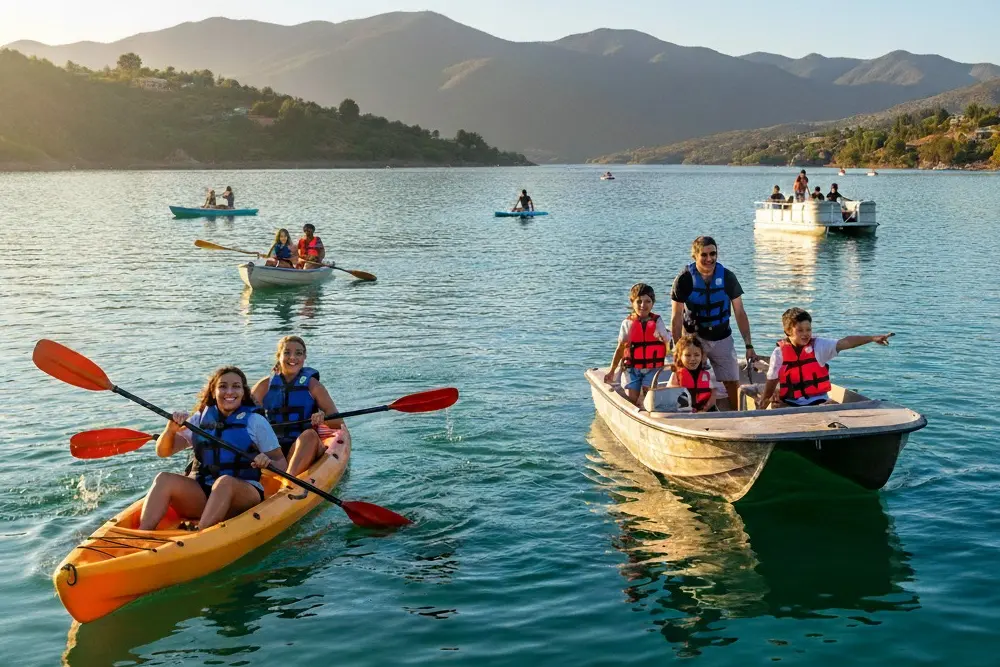 Dos chicas remando en un kayak naranja y una familia con chalecos en un bote, sobre un lago rodeado de sierras al atardecer