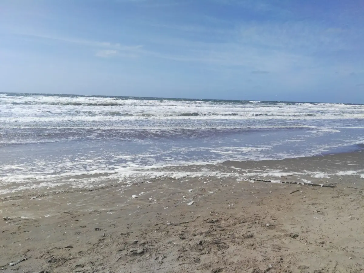 Orilla de arena húmeda con espuma de las olas y el mar abierto bajo un cielo celeste