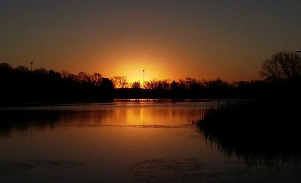 Atardecer anaranjado sobre un lago quieto, con la silueta de los árboles reflejada en el agua