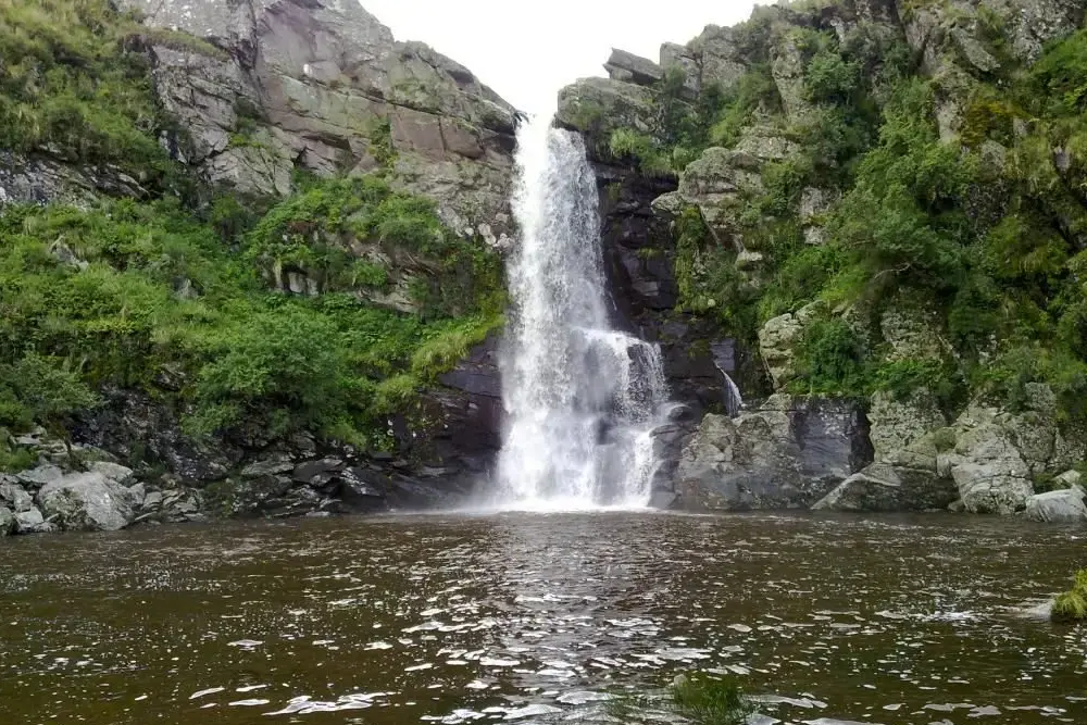 Una cascada cae entre rocas cubiertas de vegetación sobre una pileta natural de agua oscura