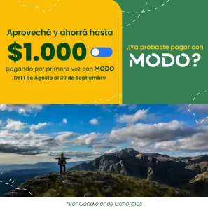 Arriba a la izquierda: Aprovechá y ahorrá hasta $1000 pagando por primera vez con MODO Abajo: Mujer contempla el paisaje en las montañas