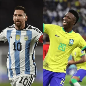Messi (izquierda) y Vinicius (derecha), las figuras del choque Argentina-Brasil en Río de Janeiro.