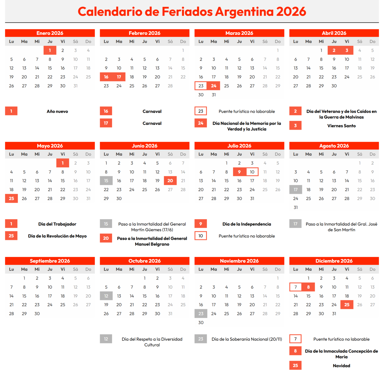 Calendario 2026 Argentina con feriados Conocé el próximo feriado